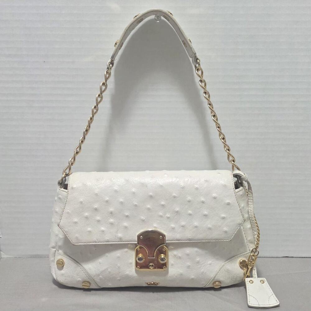 Elaine Turner White Ostrich Embossed Leather Shoulder Bag Gold Chain Hardware